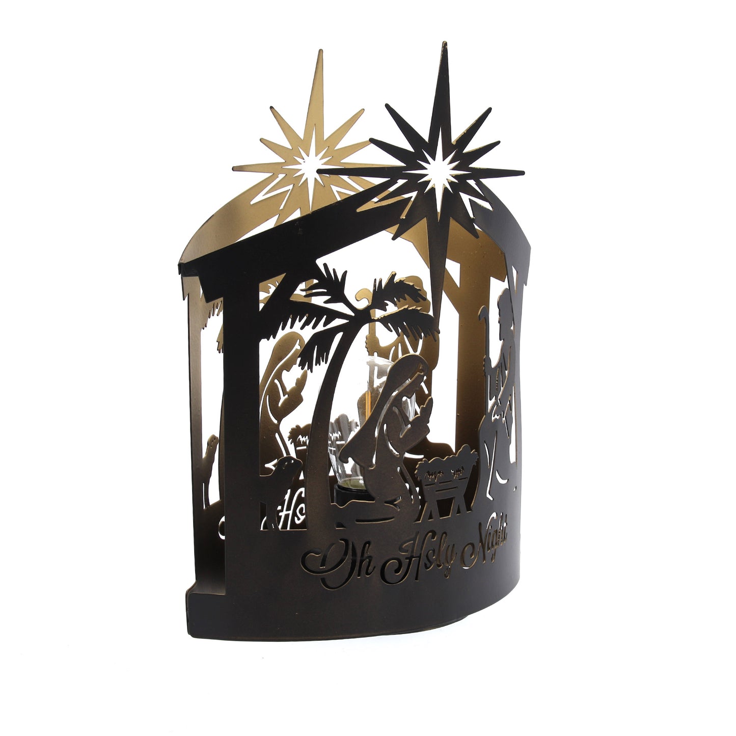 Lanterna in metallo con Natività sagomata. Con luce. Altezza 25 cm