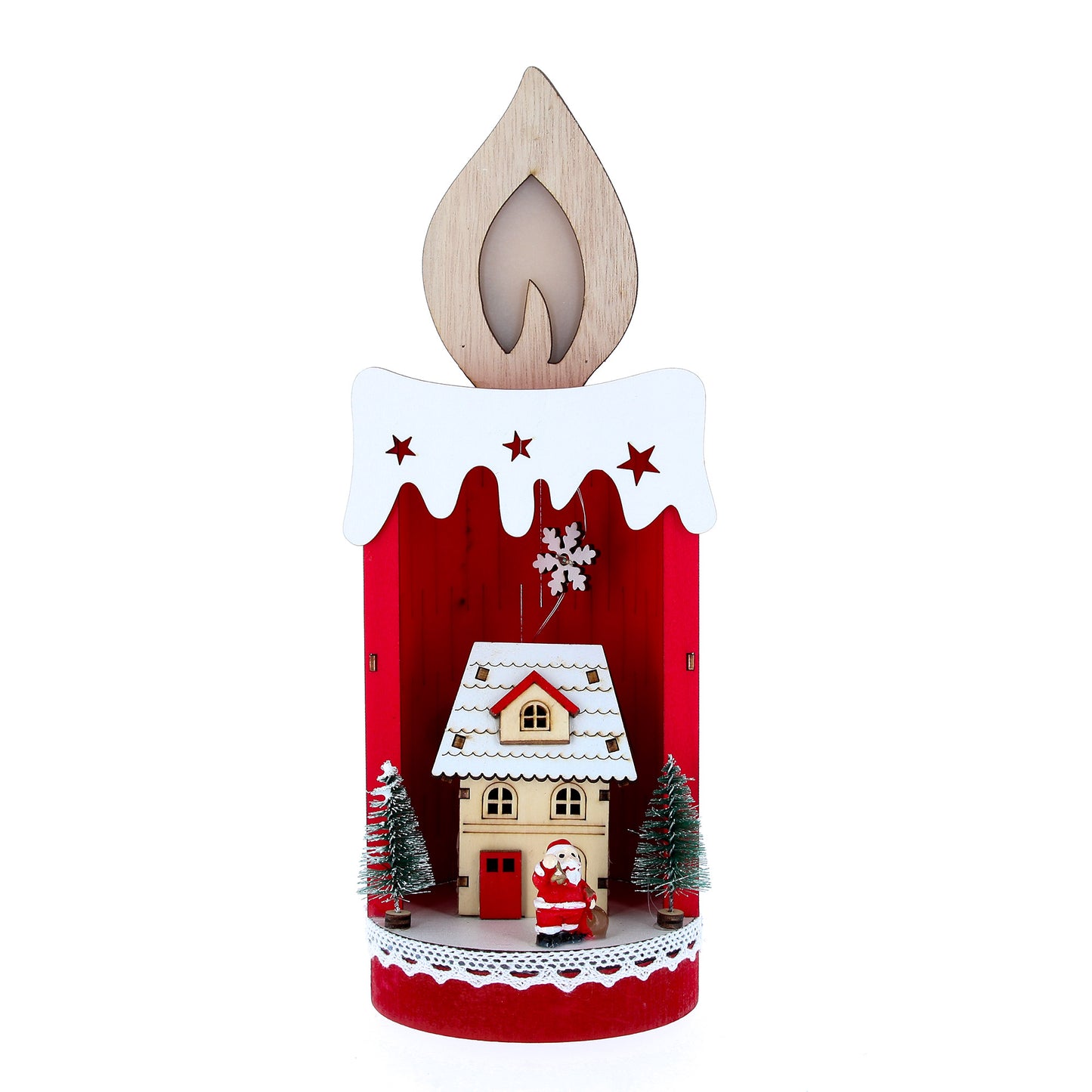 Candela a led con casetta e Babbo Natale. Altezza 28,8 cm