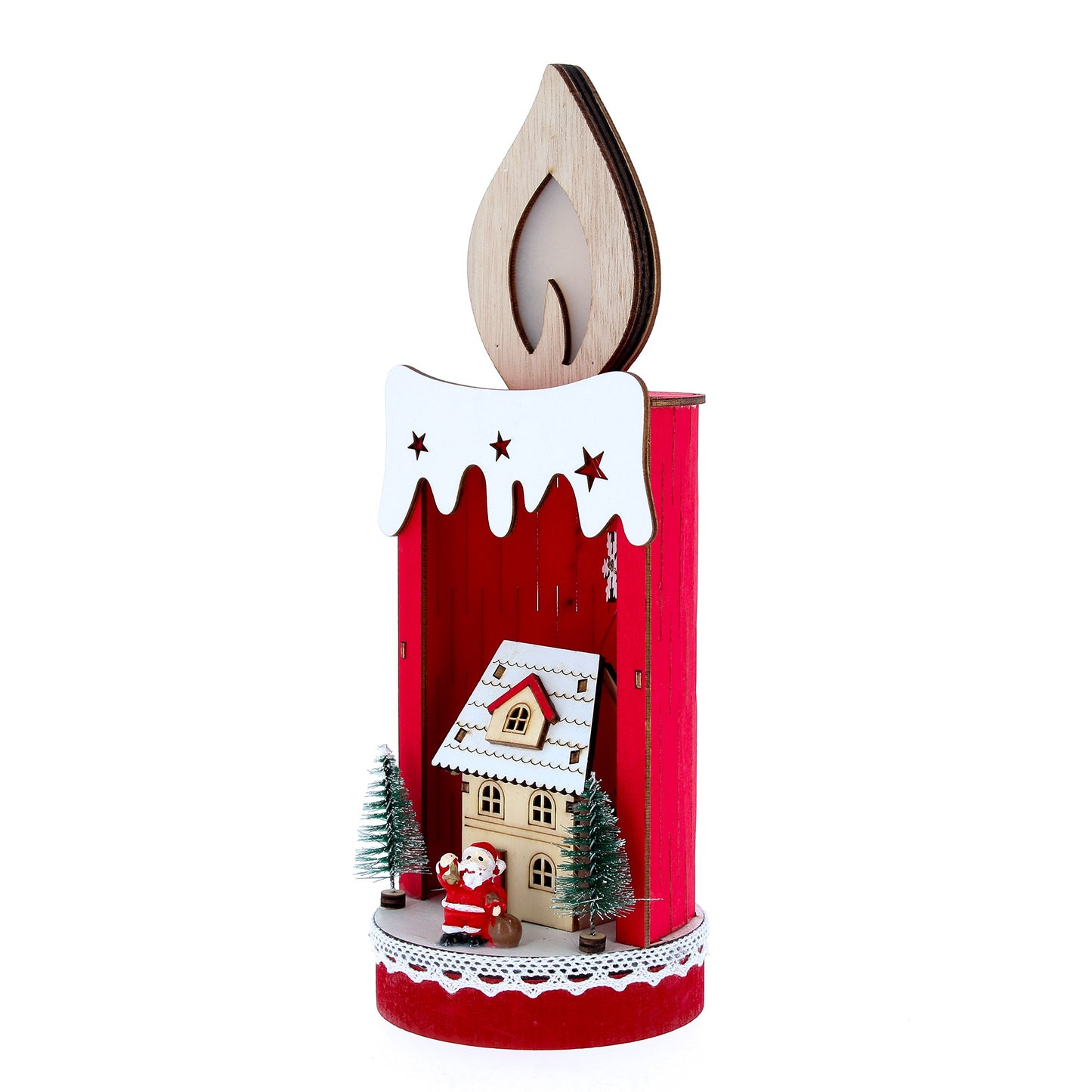 Candela a led con casetta e Babbo Natale. Altezza 28,8 cm