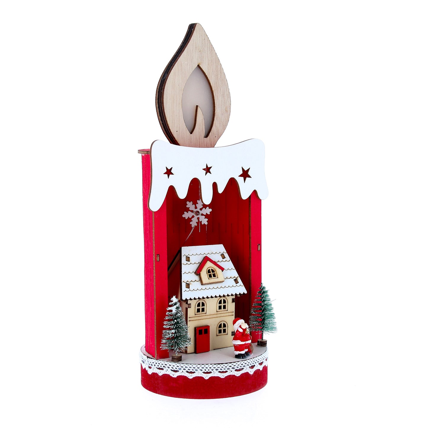 Candela a led con casetta e Babbo Natale. Altezza 28,8 cm