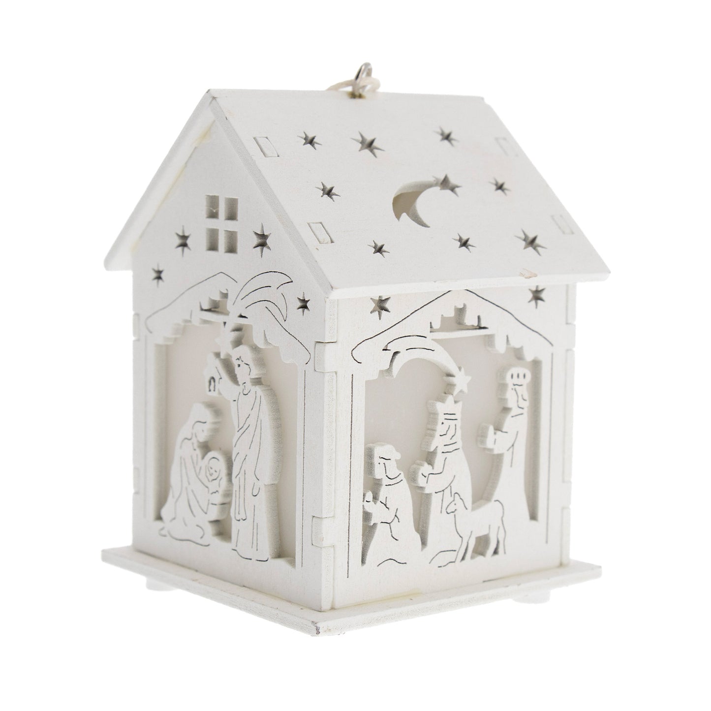Casetta presepe in legno bianco con luce led. Altezza 9,7 cm