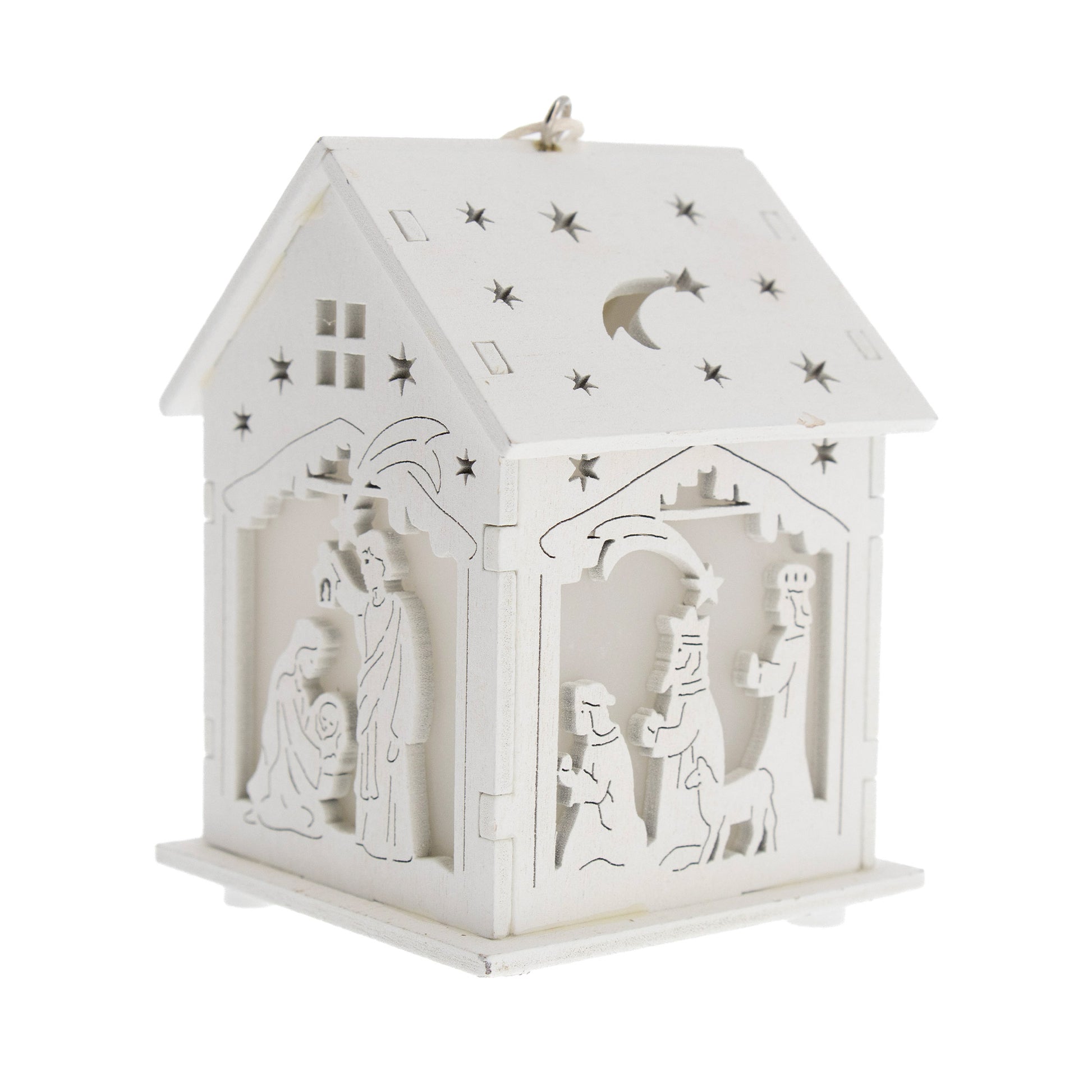 Casetta presepe in legno bianco con luce led. Altezza 9,7 cm