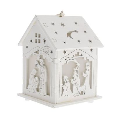 Casetta presepe in legno bianco con luce led. Altezza 9,7 cm