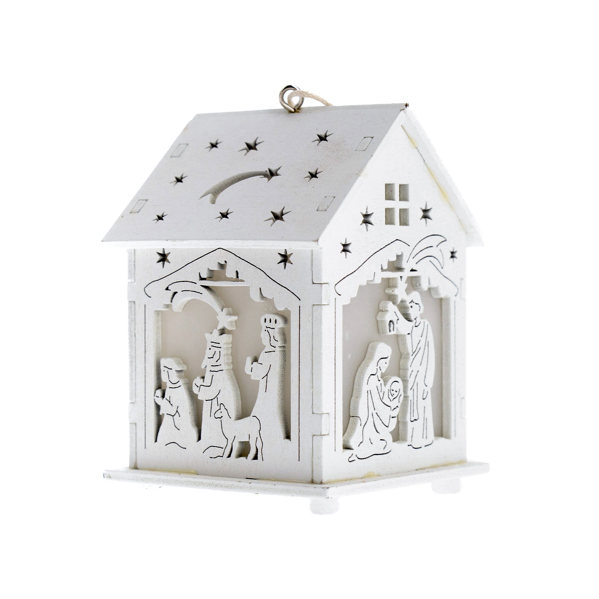Casetta presepe in legno bianco con luce led. Altezza 9,7 cm