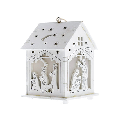 Casetta presepe in legno bianco con luce led. Altezza 9,7 cm
