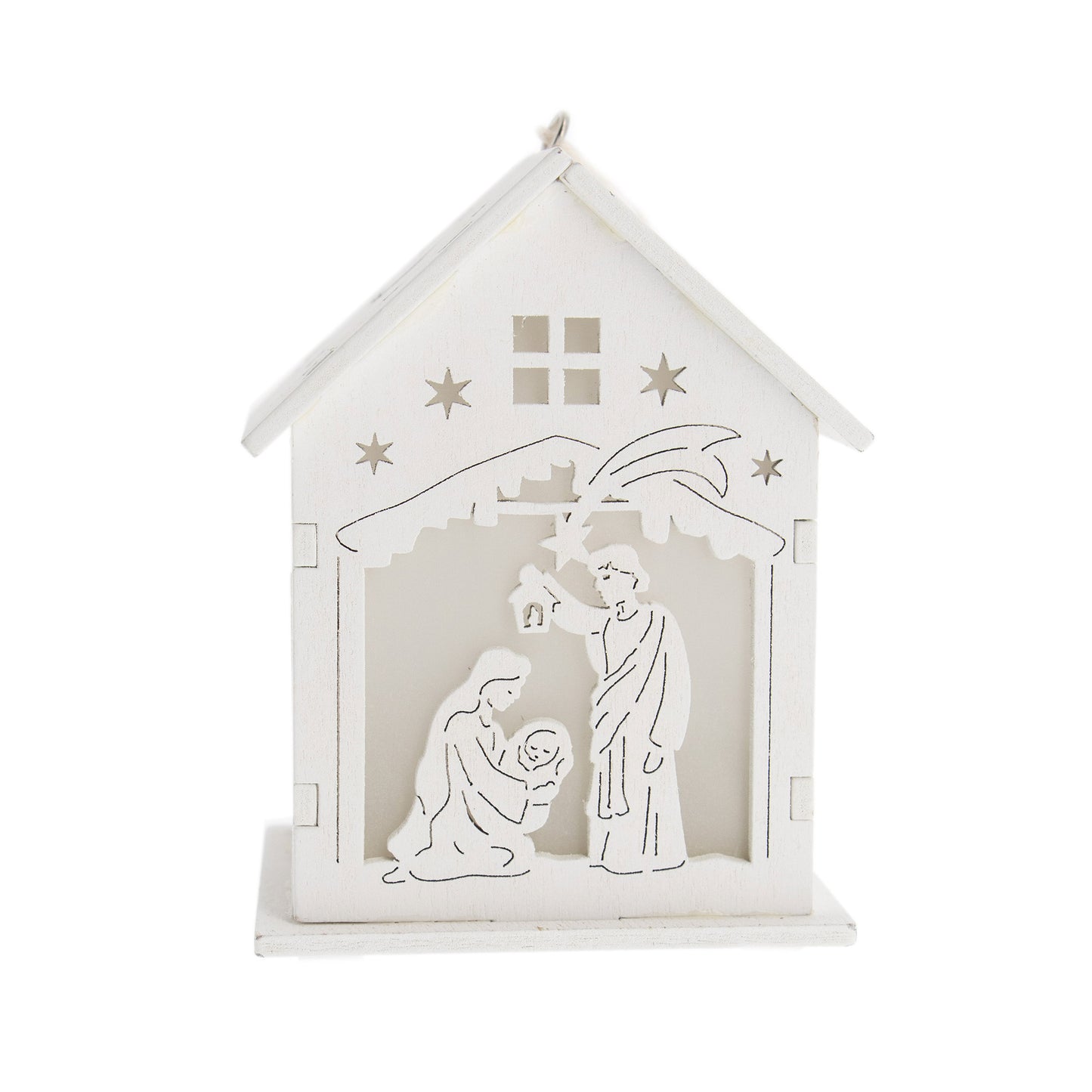 Casetta presepe in legno bianco con luce led. Altezza 9,7 cm