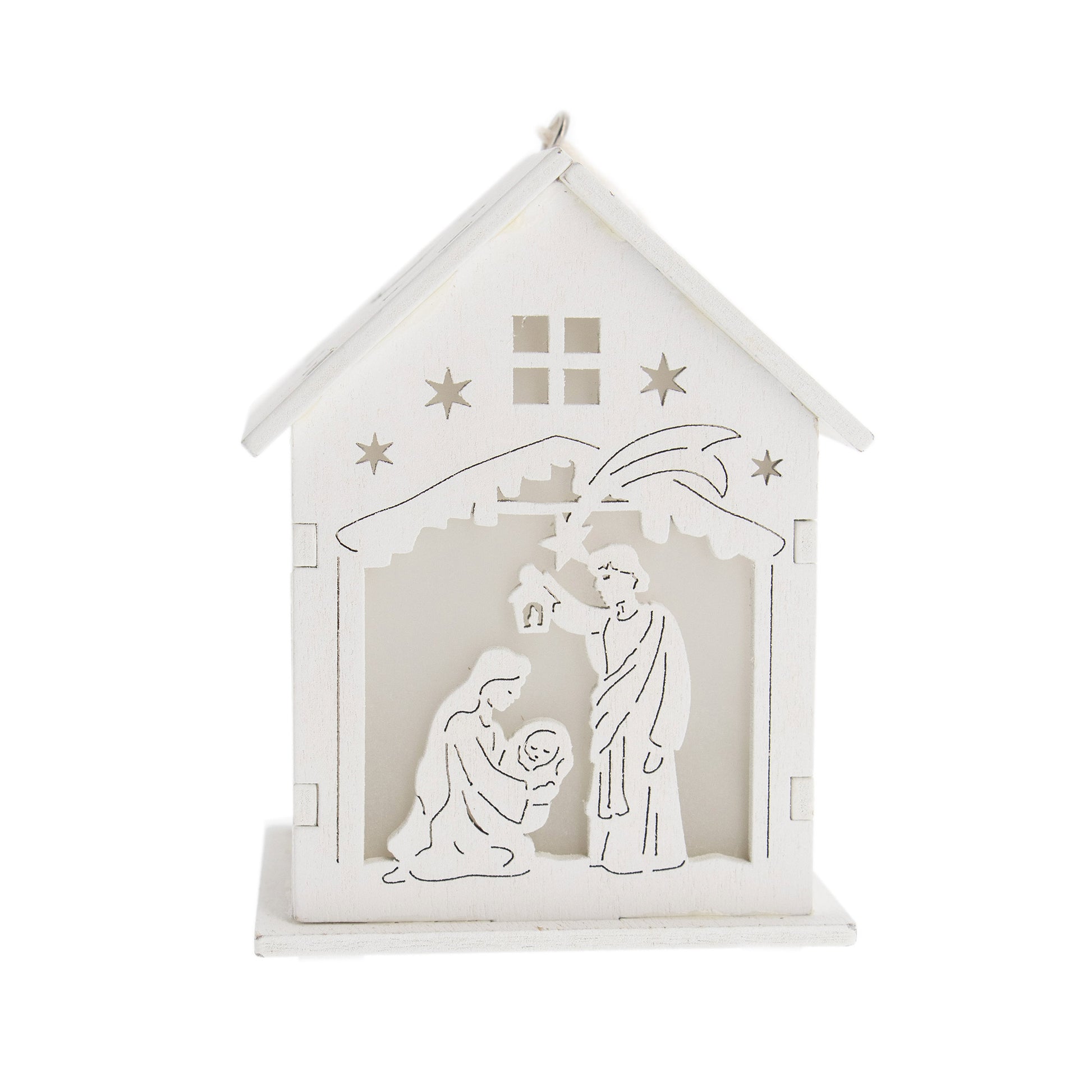 Casetta presepe in legno bianco con luce led. Altezza 9,7 cm