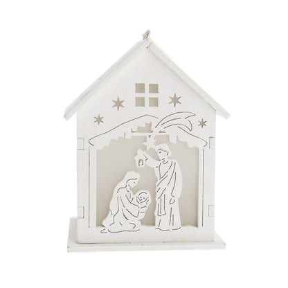 Casetta presepe in legno bianco con luce led. Altezza 9,7 cm