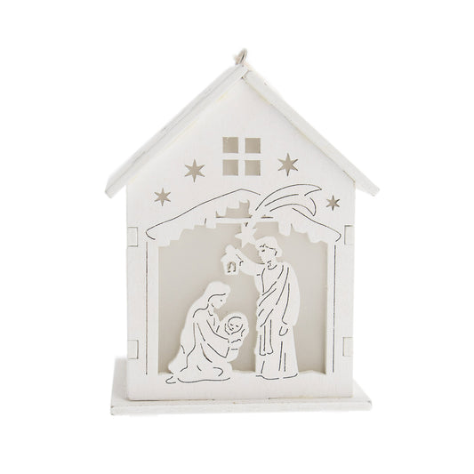 Casetta presepe in legno bianco con luce led. Altezza 9,7 cm