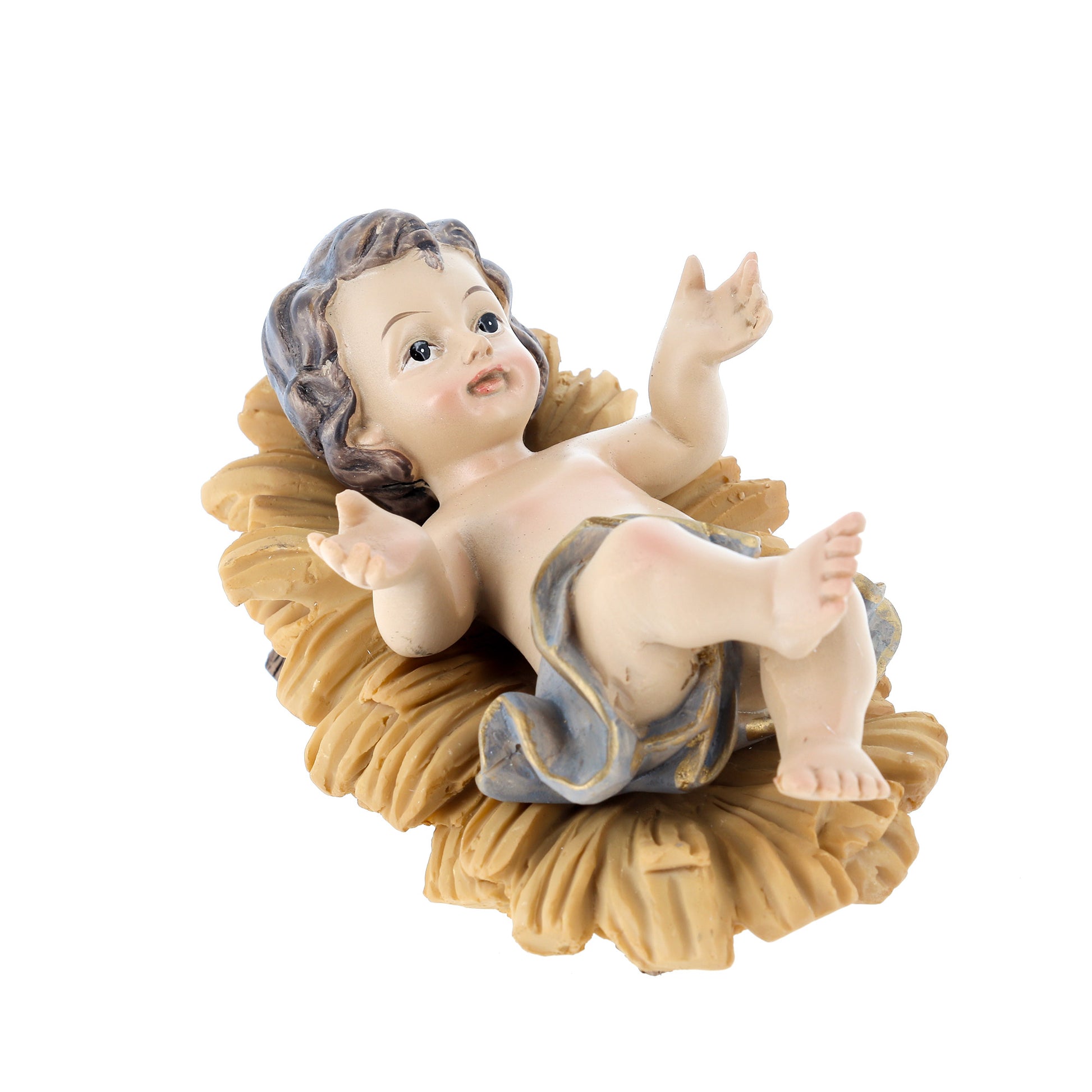 Gesù Bambino in resina su mangiatoia. Altezza 11,5 cm