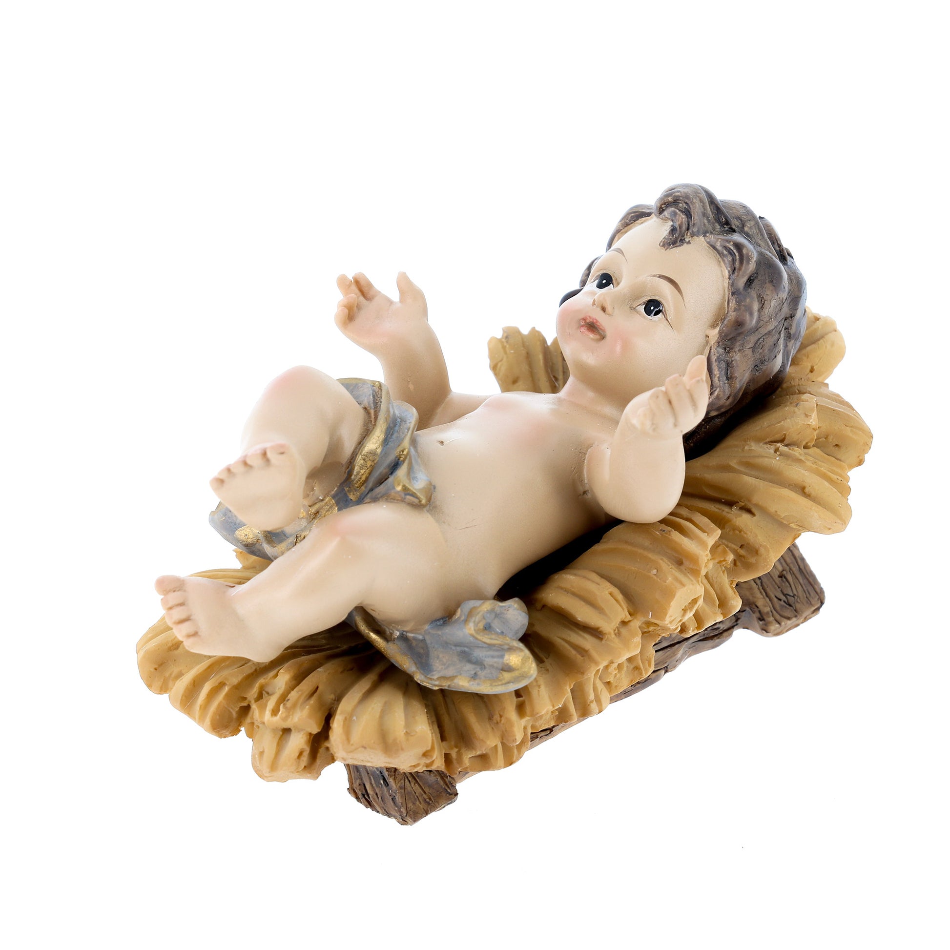 Gesù Bambino in resina su mangiatoia. Altezza 11,5 cm