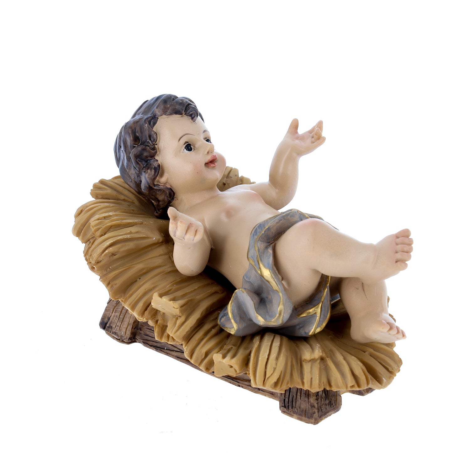 Gesù Bambino in resina su mangiatoia. Altezza 16 cm
