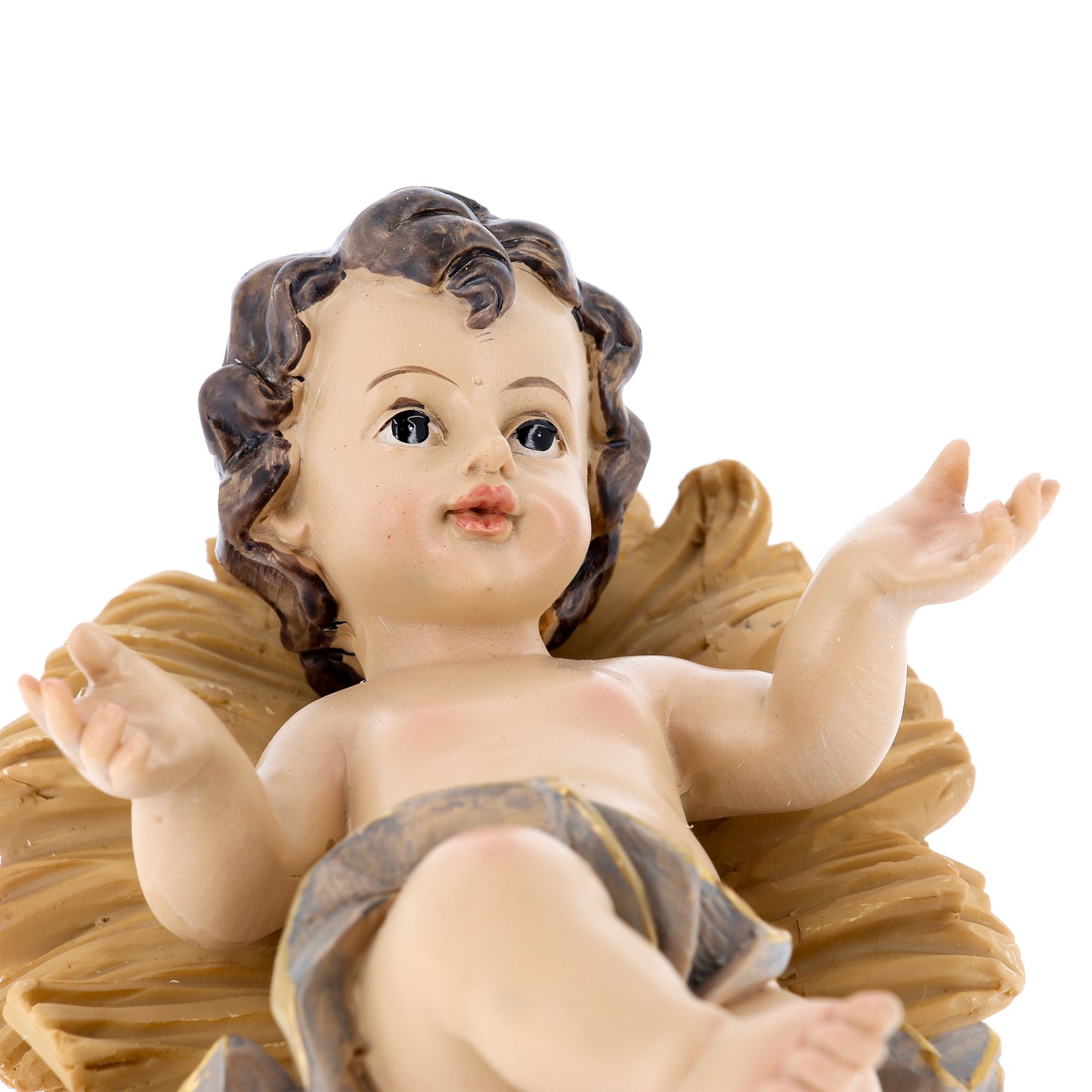 Gesù Bambino in resina su mangiatoia. Altezza 16 cm