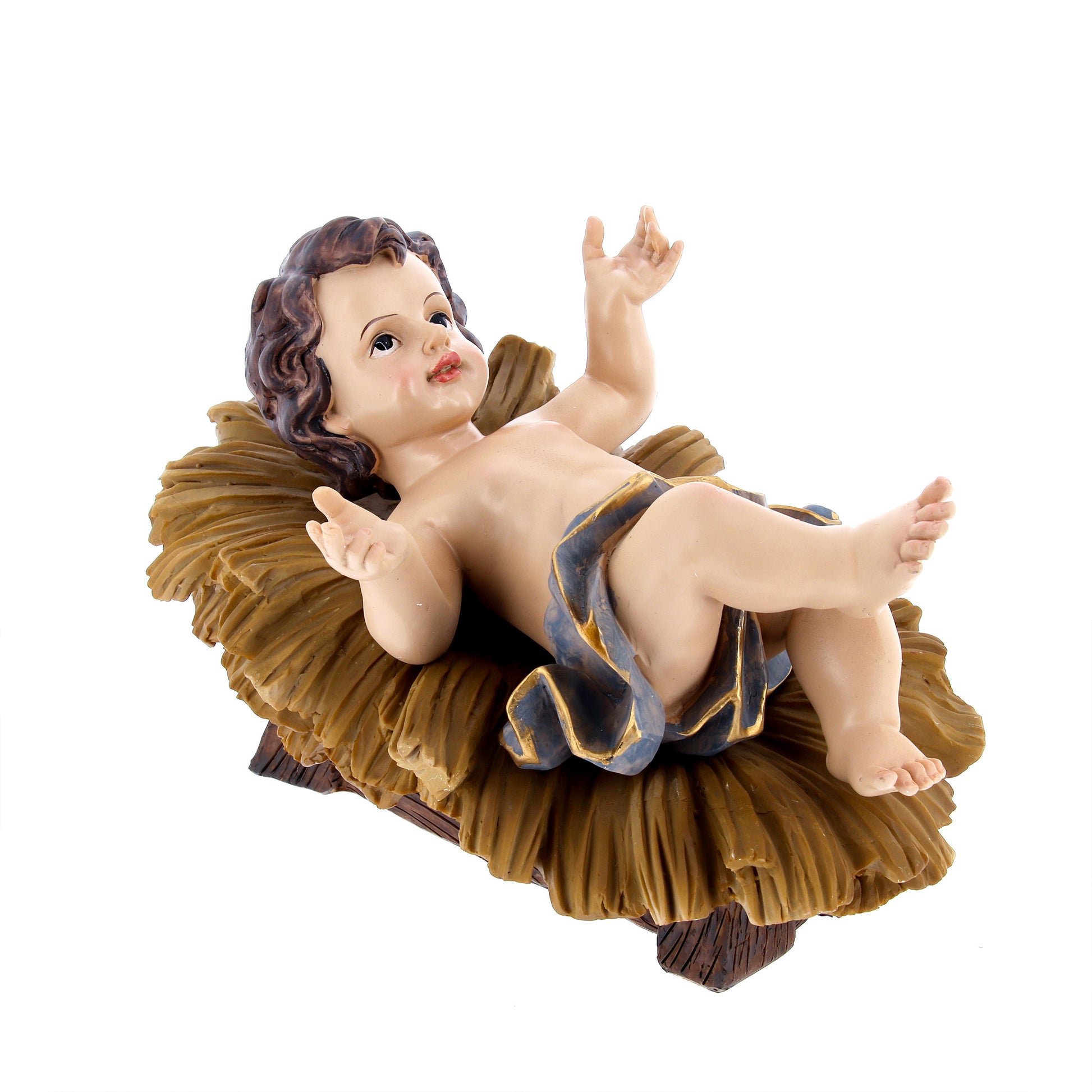 Gesù Bambino in resina su mangiatoia. Altezza 26 cm