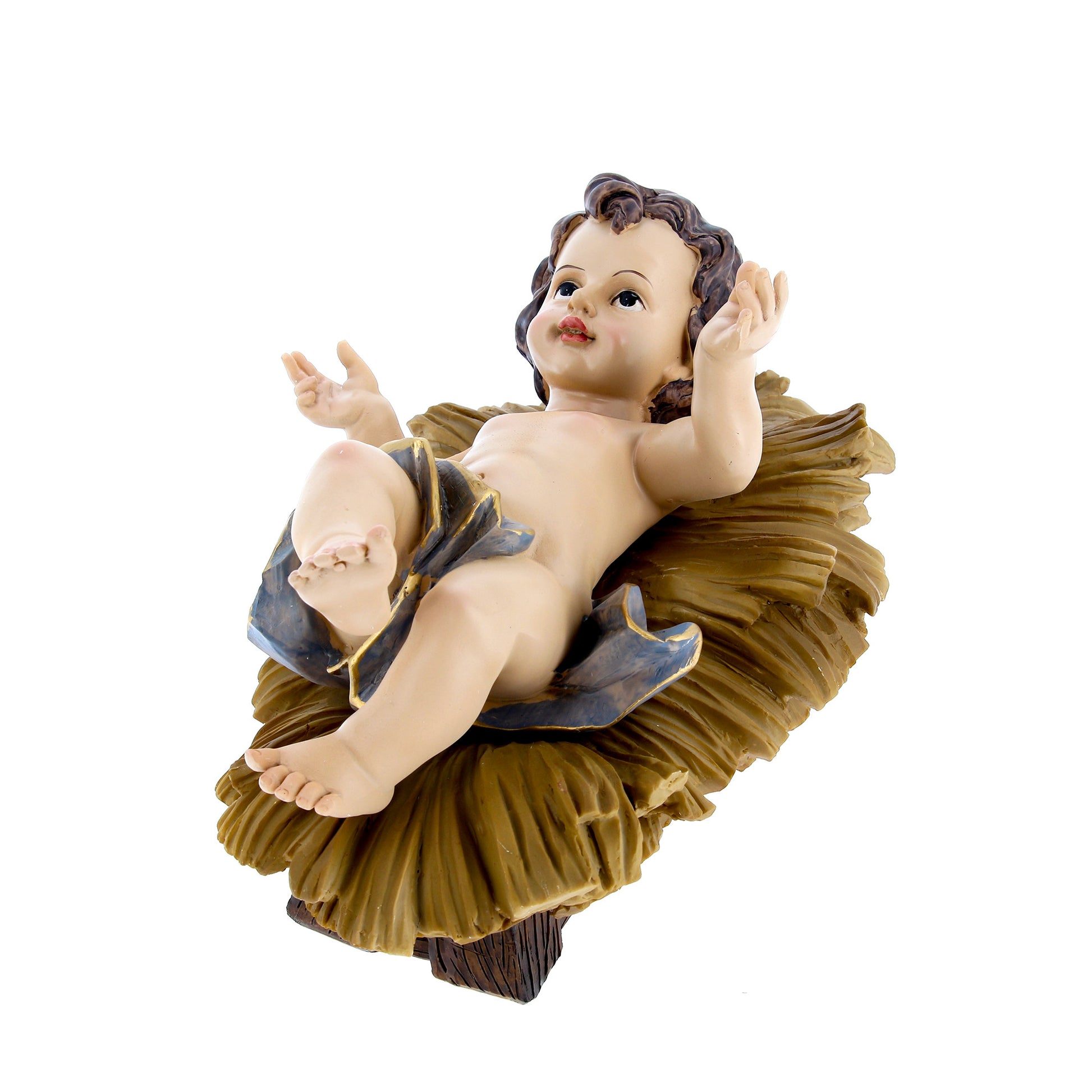 Gesù Bambino in resina su mangiatoia. Altezza 33 cm