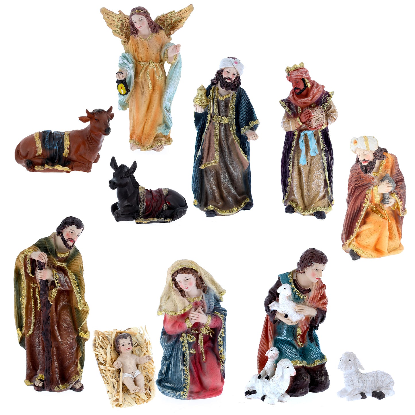 Set presepe composto da 11 soggetti in resina. Altezza 15,4 cm