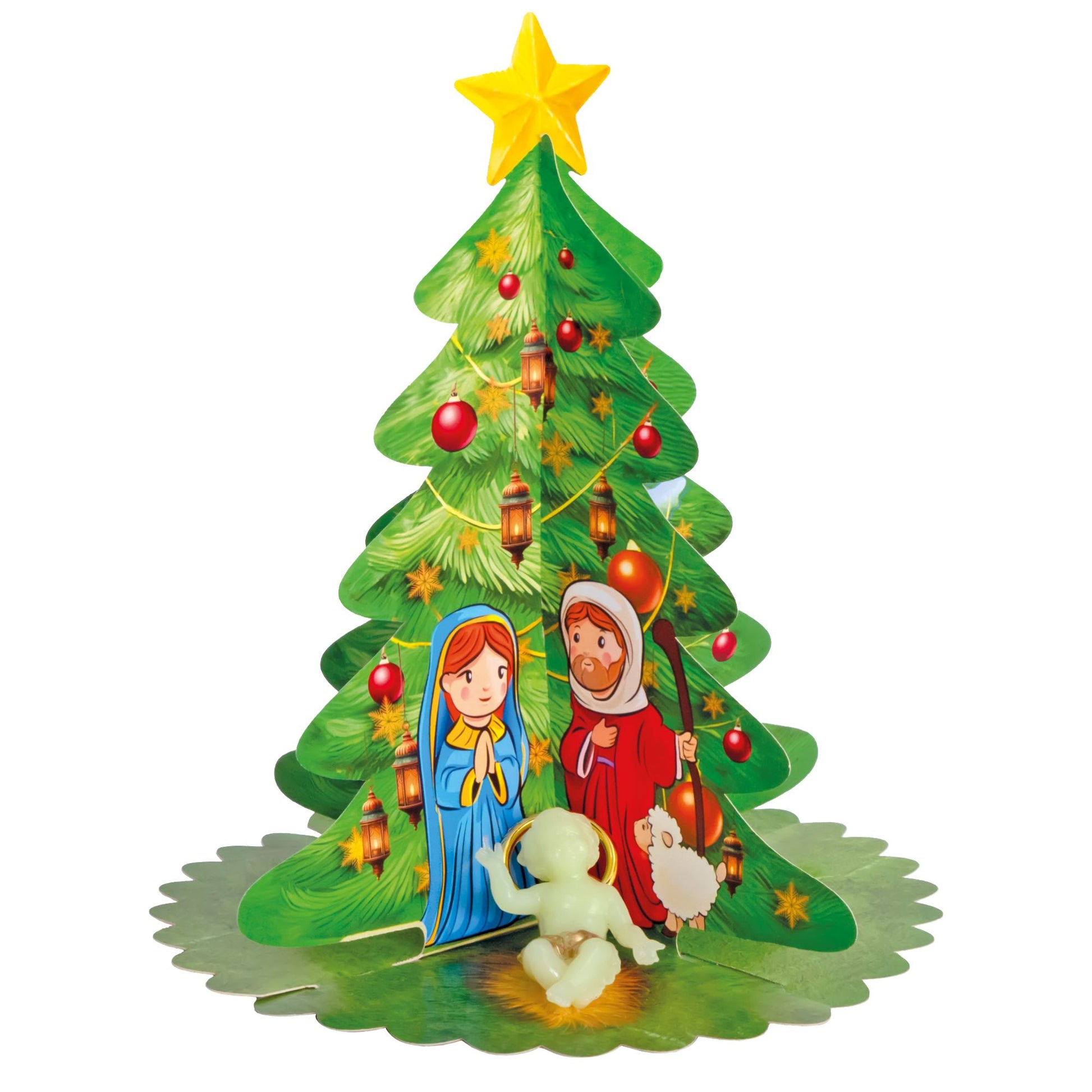 Albero di Natale tridimensionale da montare con Gesù Bambino fosforescente, per bambini. Altezza 15 cm