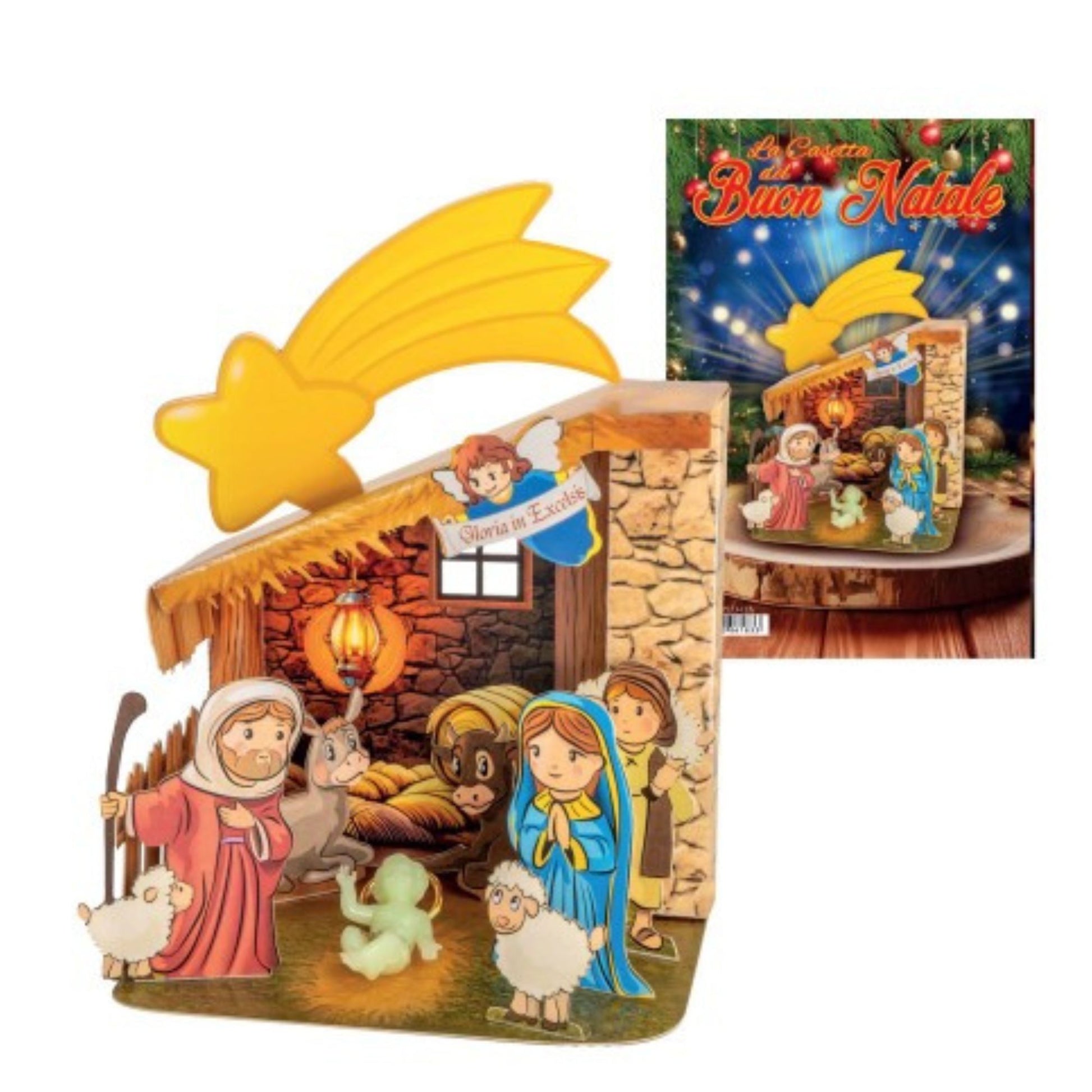 Presepe da montare con Gesù Bambino, per bambini. Dimensioni 12x10 cm