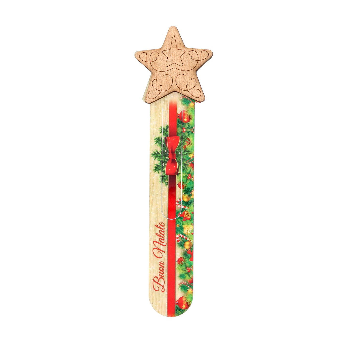 Segnalibro in legno con applicazioni natalizie, completo di confezione. Altezza 22 cm