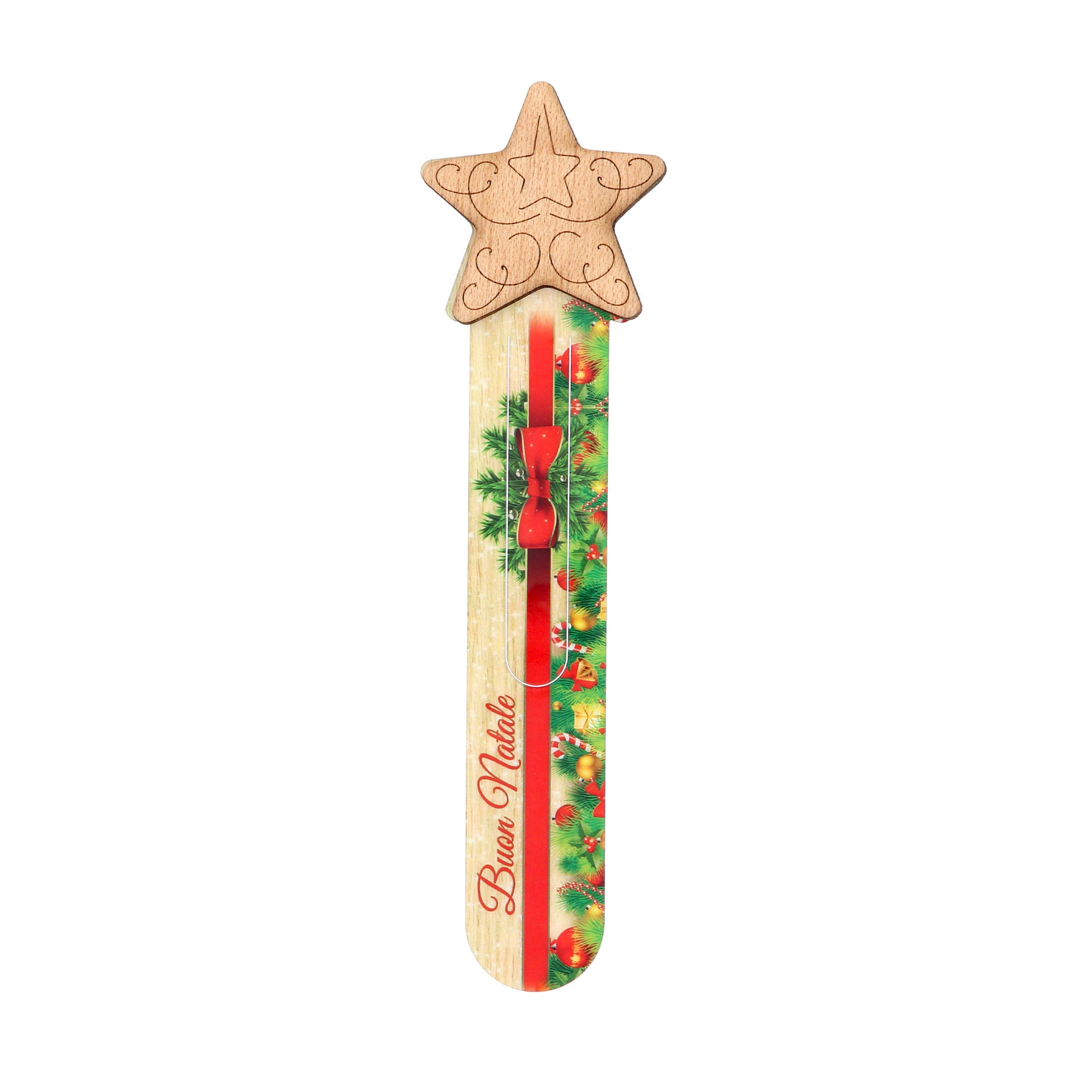 Segnalibro in legno con applicazioni natalizie, completo di confezione. Altezza 22 cm