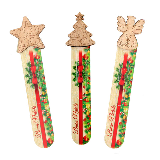 Segnalibro in legno con applicazioni natalizie, completo di confezione. Altezza 22 cm