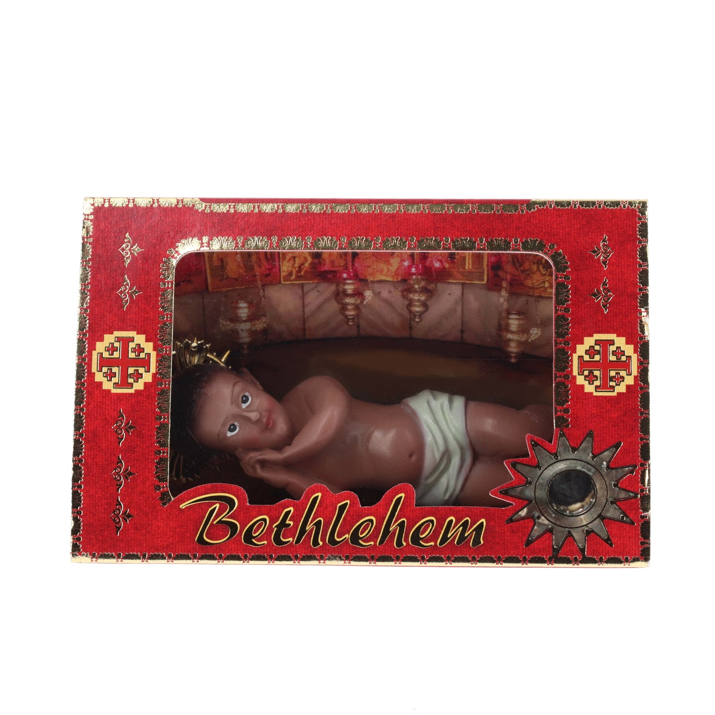 Gesù Bambino di Bethlehem in scatolina con grotta della Natività. Altezza 12 cm