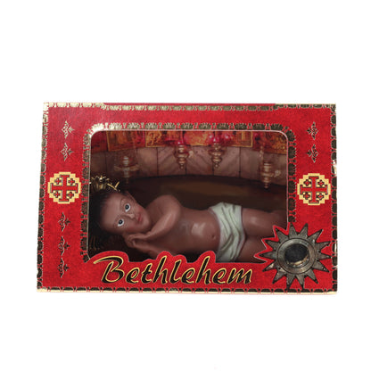 Gesù Bambino di Bethlehem in scatolina con grotta della Natività. Altezza 12 cm