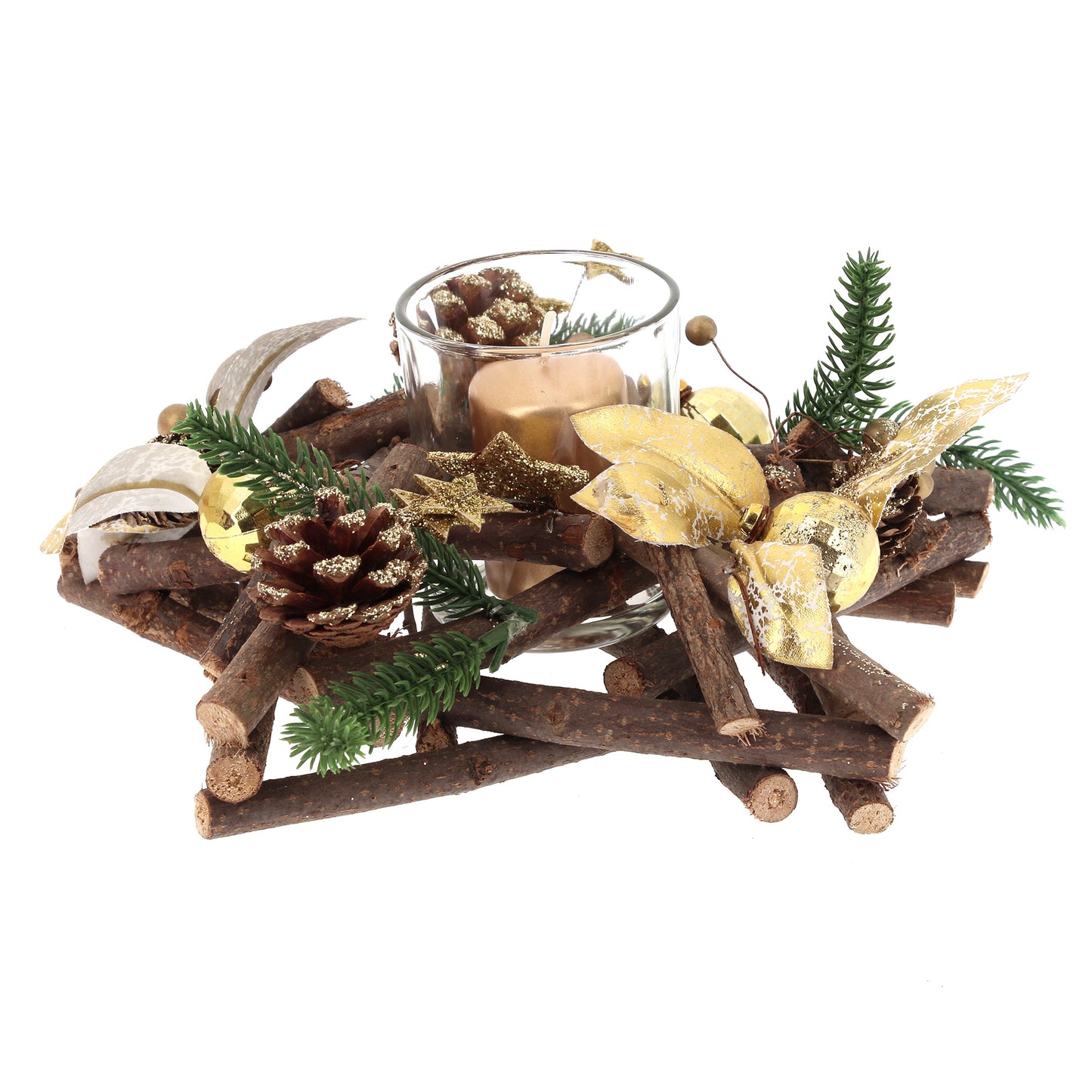 Portacandela in legno a stella decorato. Dimensioni 34,5 cm
