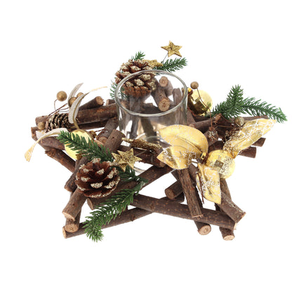 Portacandela in legno a stella decorato. Dimensioni 34,5 cm