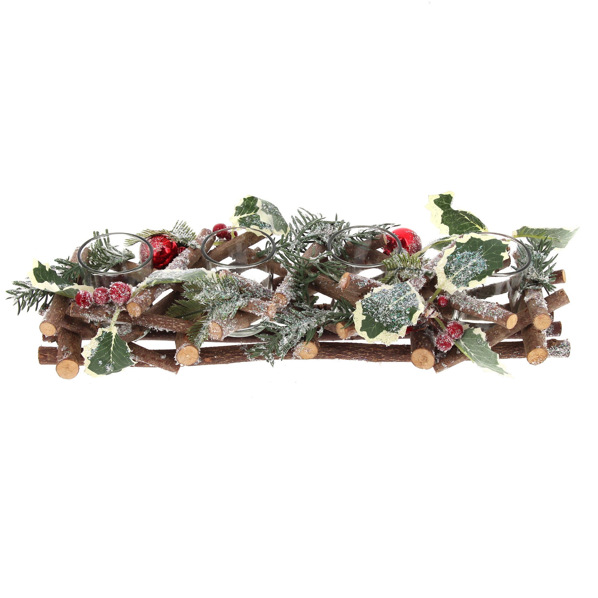 Portacandele in legno decorato. Lunghezza 40 cm
