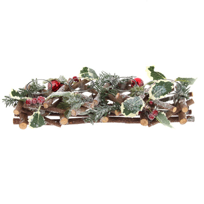 Portacandele in legno decorato. Lunghezza 40 cm