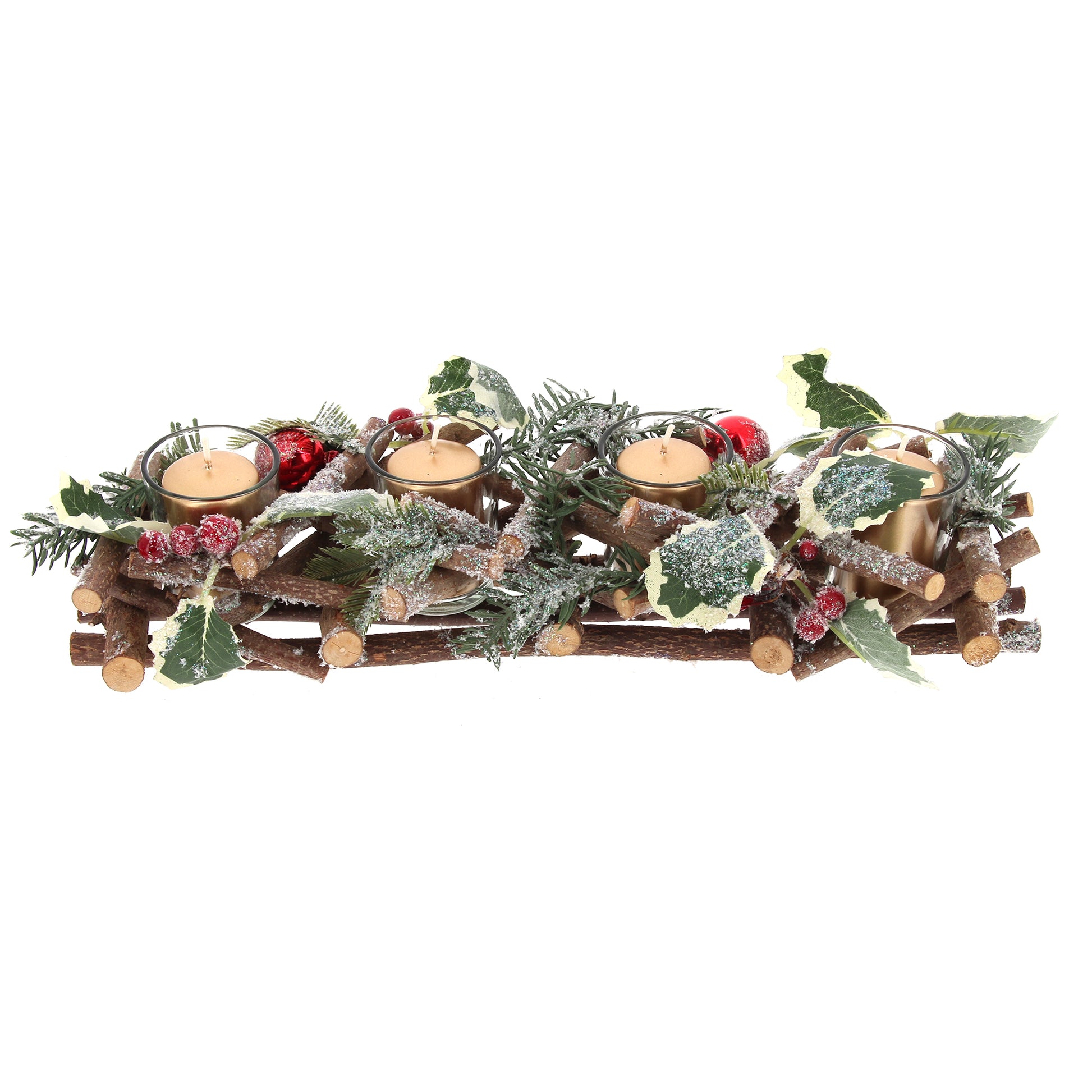 Portacandele in legno decorato. Lunghezza 40 cm