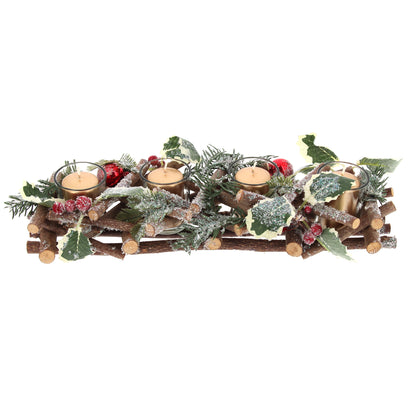Portacandele in legno decorato. Lunghezza 40 cm