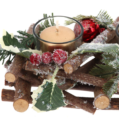 Portacandele in legno decorato. Lunghezza 40 cm