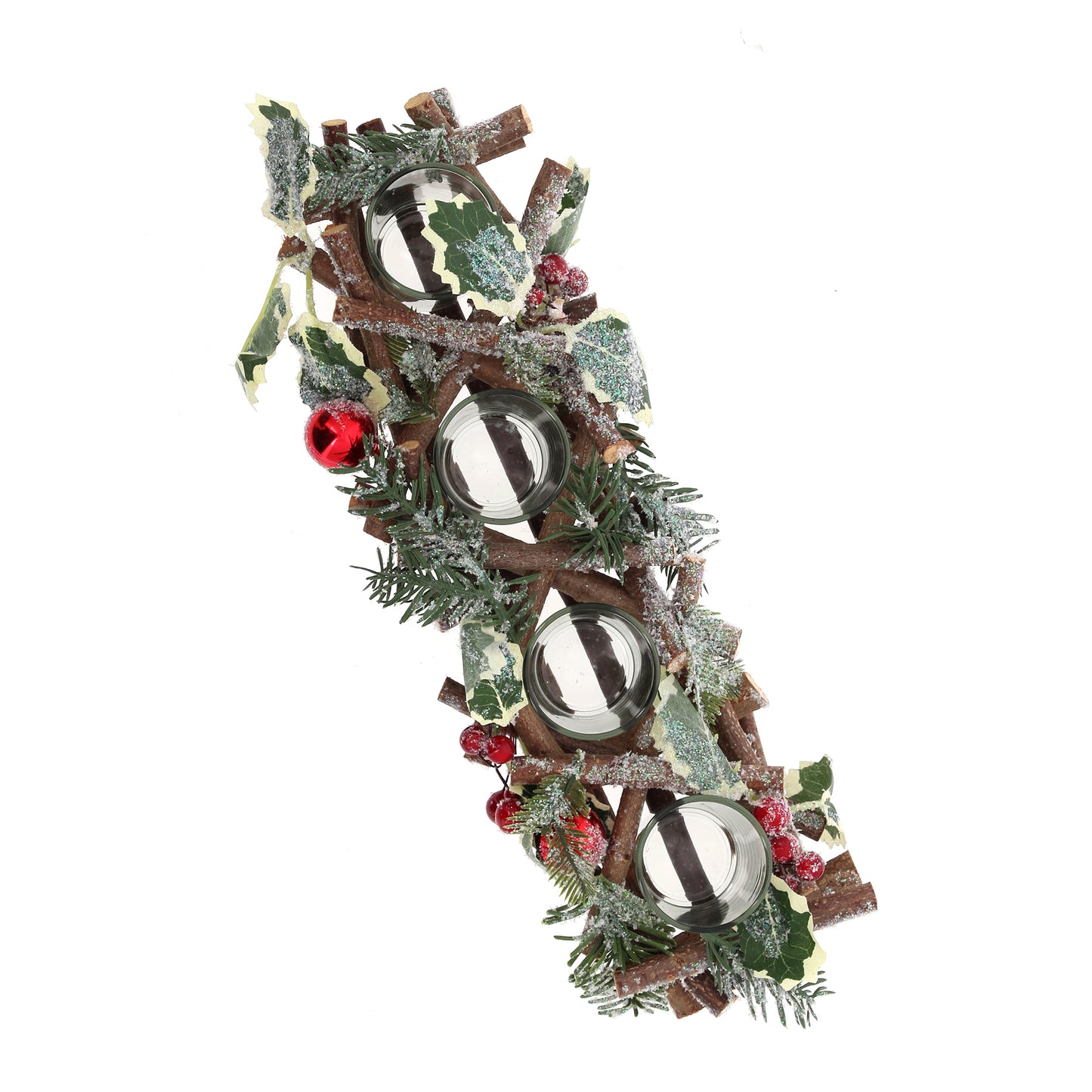 Portacandele in legno decorato. Lunghezza 40 cm