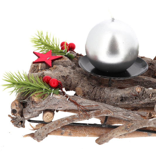 Portacandele in legno decorato. Lunghezza 55 cm