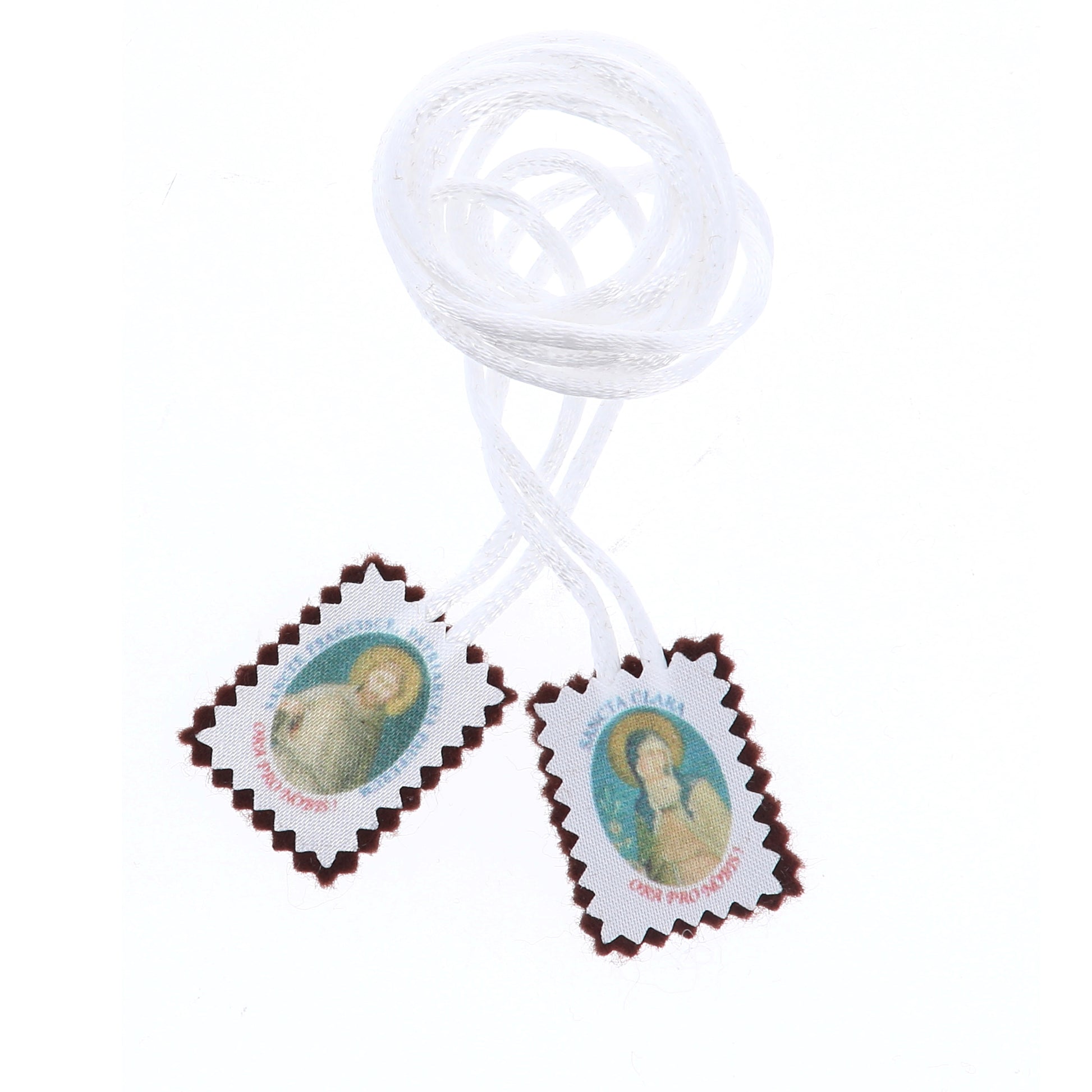 Scapolare in stoffa San Francesco con busta e bigliettino. Dimensioni 3x2,5 cm
