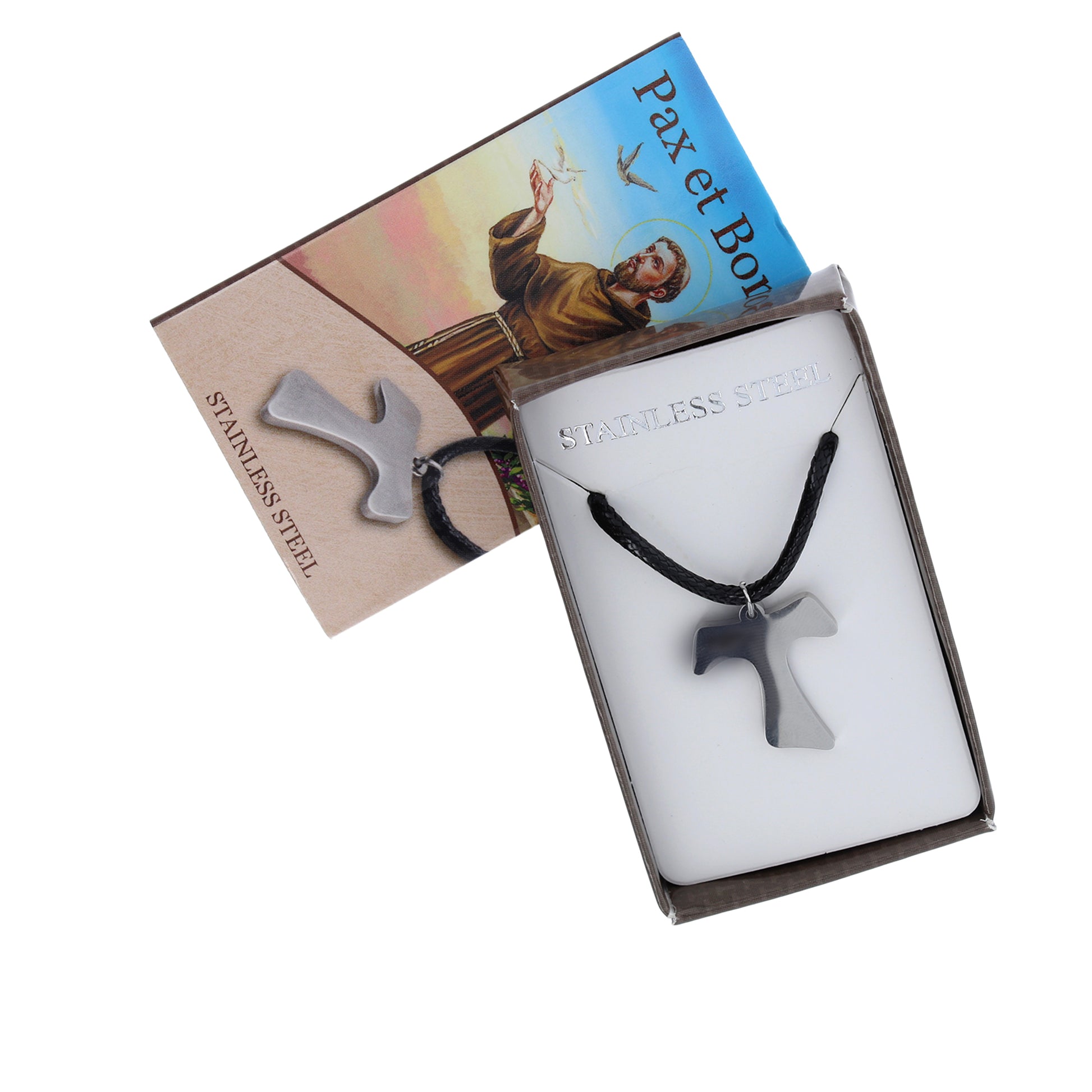 Tau in acciaio con cordoncino e confezione a cassetto. Lunghezza 24 cm