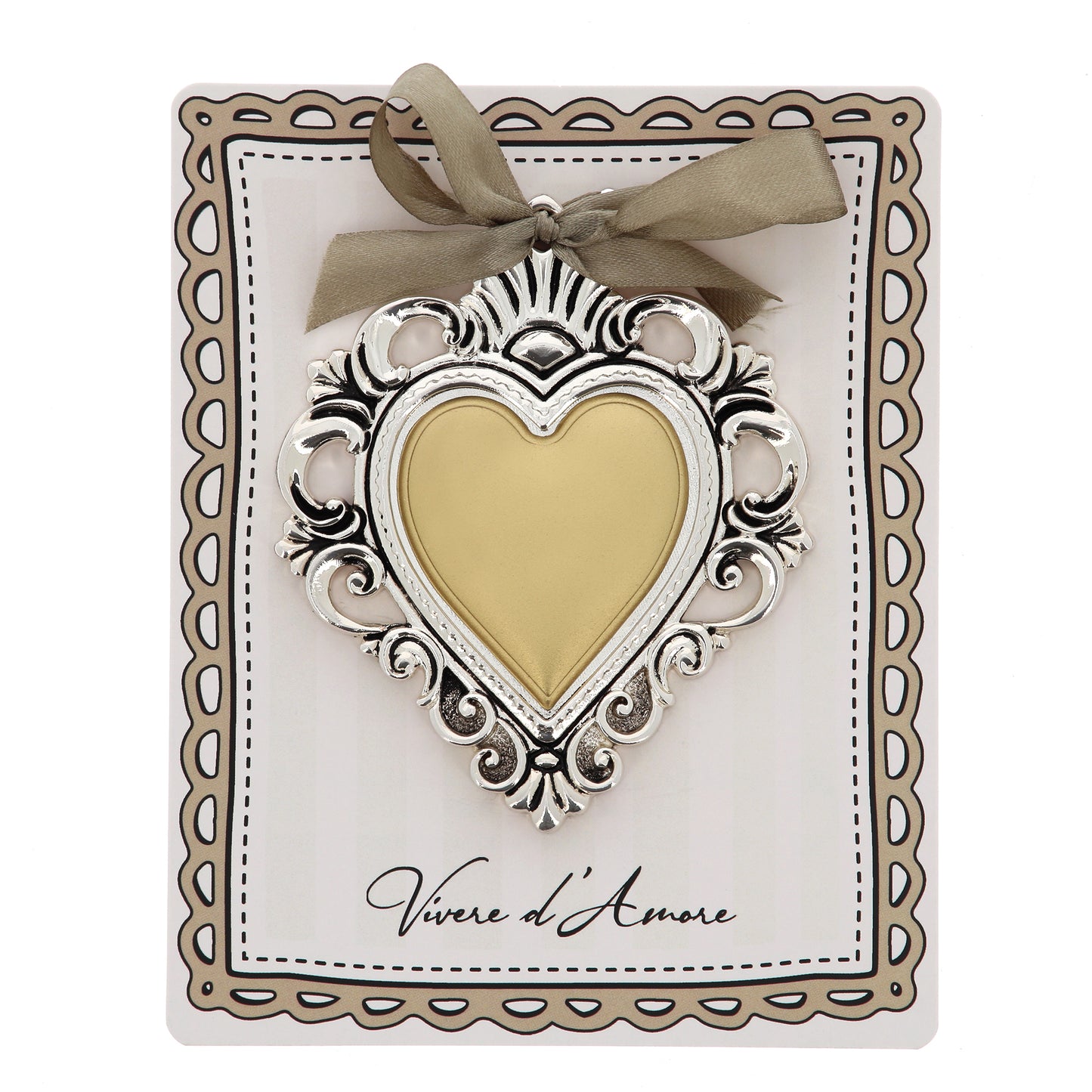 Cuore Votivo moderno in resina - cuore dorato e cornice argentata. Dimensioni 14x17,5 cm