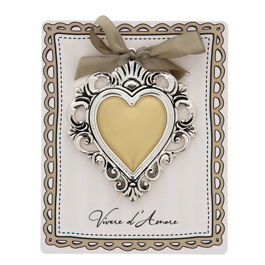 Cuore Votivo moderno in resina - cuore dorato e cornice argentata. Dimensioni 14x17,5 cm