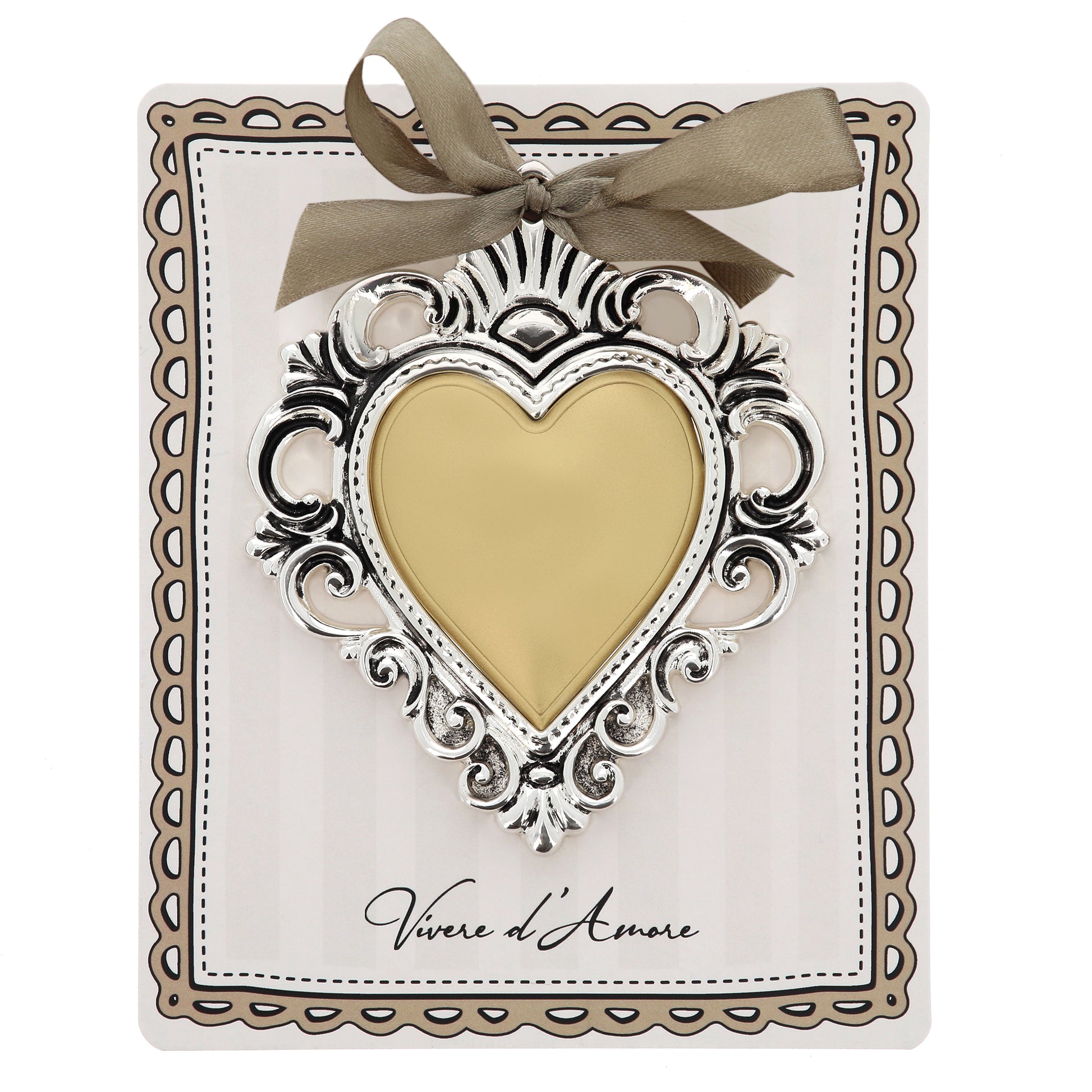 Cuore Votivo moderno in resina - cuore dorato e cornice argentata. Dimensioni 17,5x21,5 cm

