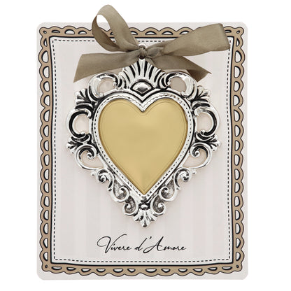 Cuore Votivo moderno in resina - cuore dorato e cornice argentata. Dimensioni 17,5x21,5 cm

