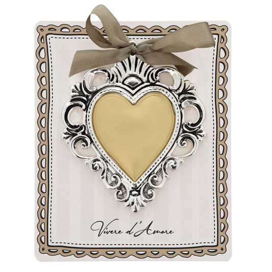Cuore Votivo moderno in resina - cuore dorato e cornice argentata. Dimensioni 17,5x21,5 cm

