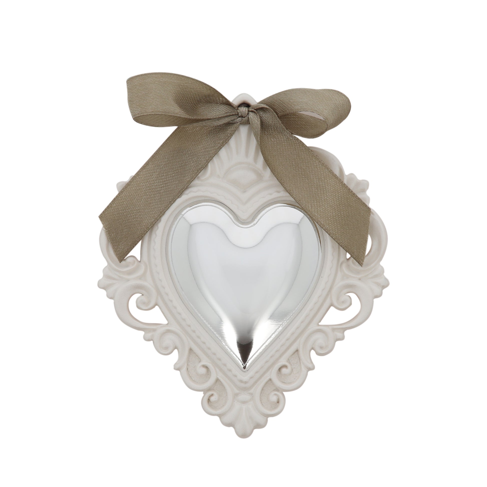 Cuore Votivo moderno in resina - cuore argentato e cornice madreperla. Dimensioni 14x17,5 cm
