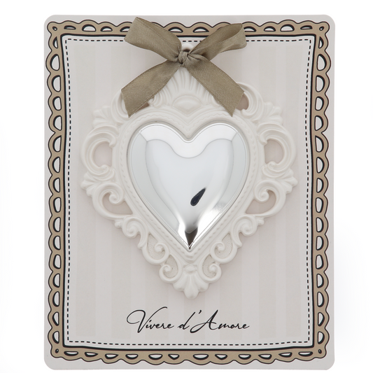 Cuore Votivo moderno in resina - cuore argentato e cornice madreperla. Dimensioni 17,5x21,5 cm