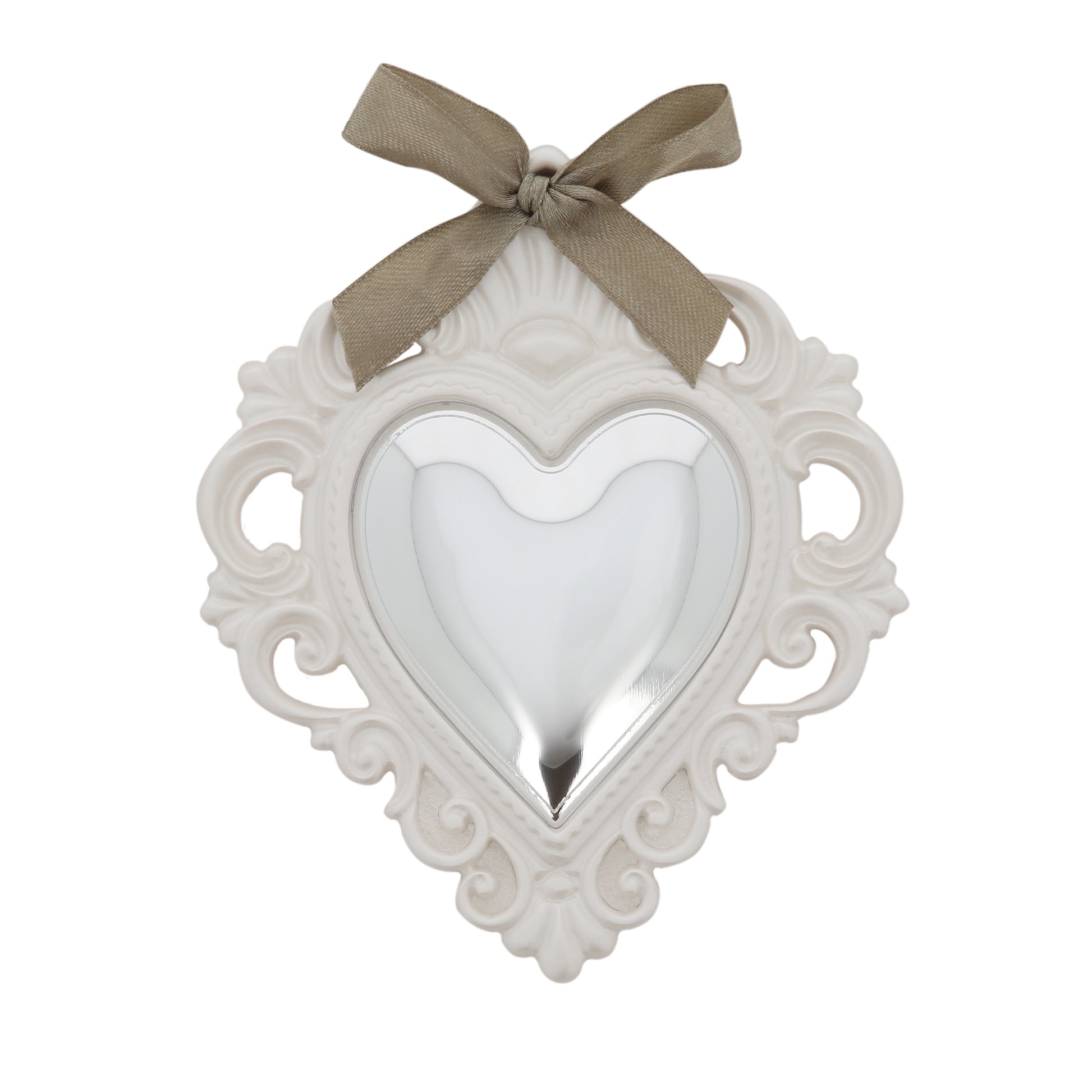 Cuore Votivo moderno in resina - cuore argentato e cornice madreperla. Dimensioni 17,5x21,5 cm