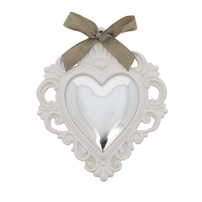 Cuore Votivo moderno in resina - cuore argentato e cornice madreperla. Dimensioni 17,5x21,5 cm