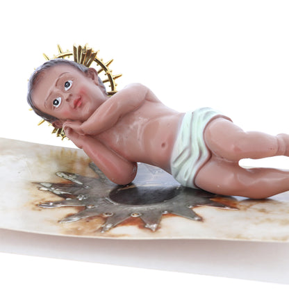 Gesù Bambino di Bethlehem in scatolina con grotta della Natività. Altezza 12 cm