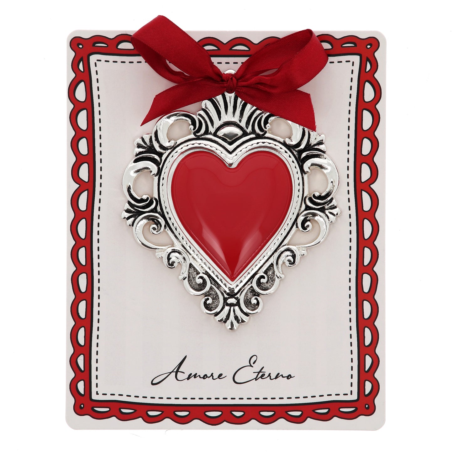 Cuore Votivo moderno in resina - cuore rosso e cornice argentata. Dimensioni 14x17,5 cm