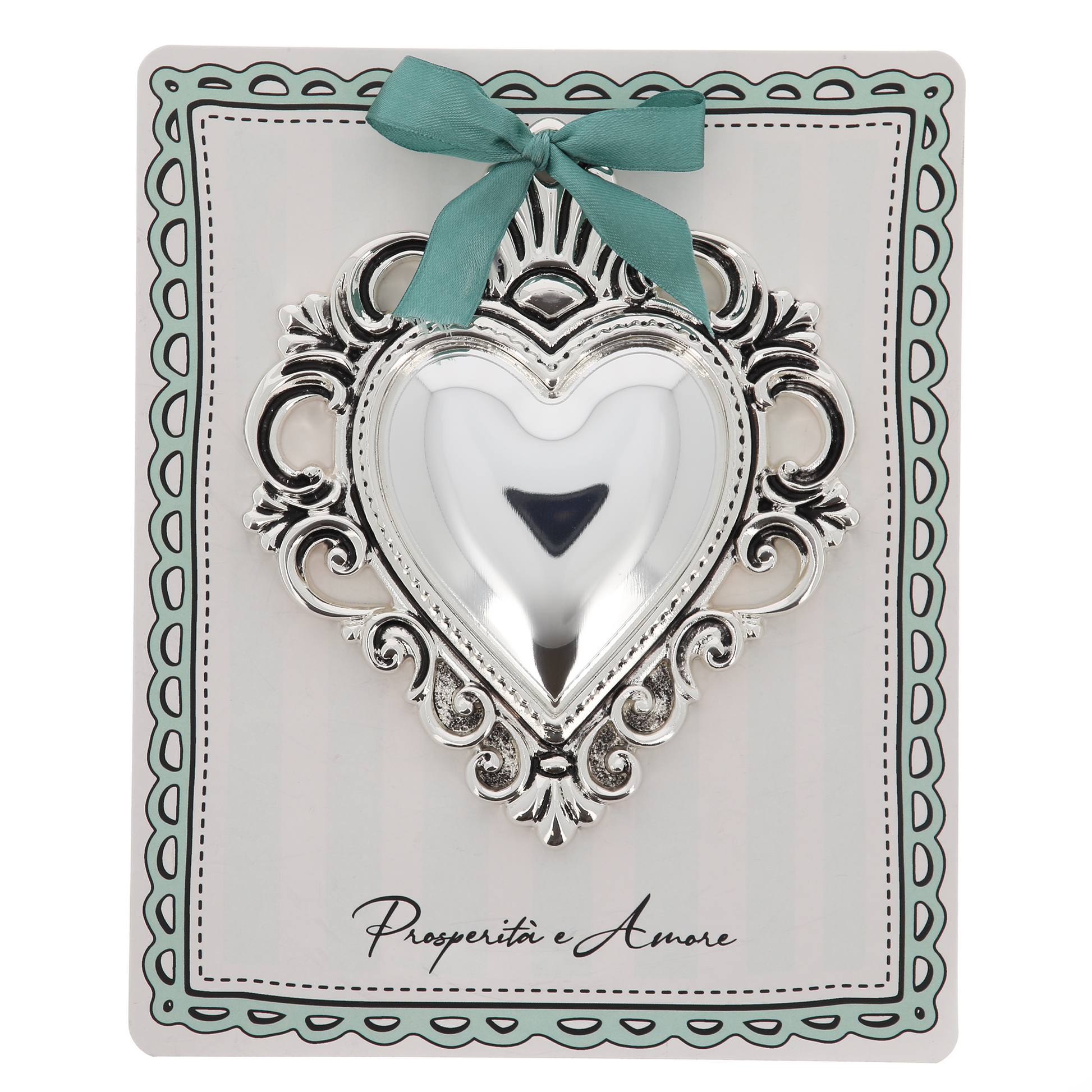 Cuore Votivo moderno in resina argentata. Dimensioni 17,5x21,5 cm